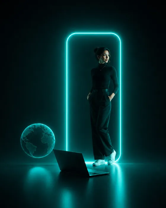 Persona junto a un portal de luz turquesa, una laptop y un globo digital, representando tecnología al servicio de las personas.